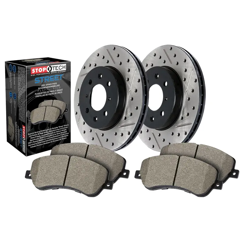 Stoptech 938.50506 Street Axle Pack – Rear Drilled & Slotted Brake Kit With Caliper Hardware 1
