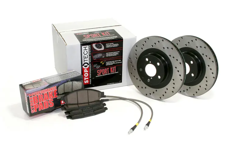 Stoptech 979.33016F Sport Axle Pack – Drilled Front Rotors With Stainless Brake Lines 1